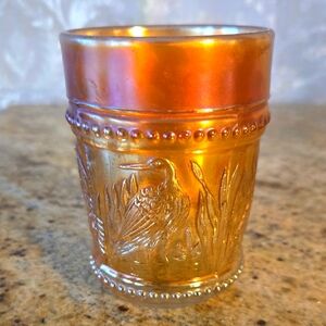 Vintage Dugan Stork And Rushes Marigold Carnival Glass Embossed Tumbler